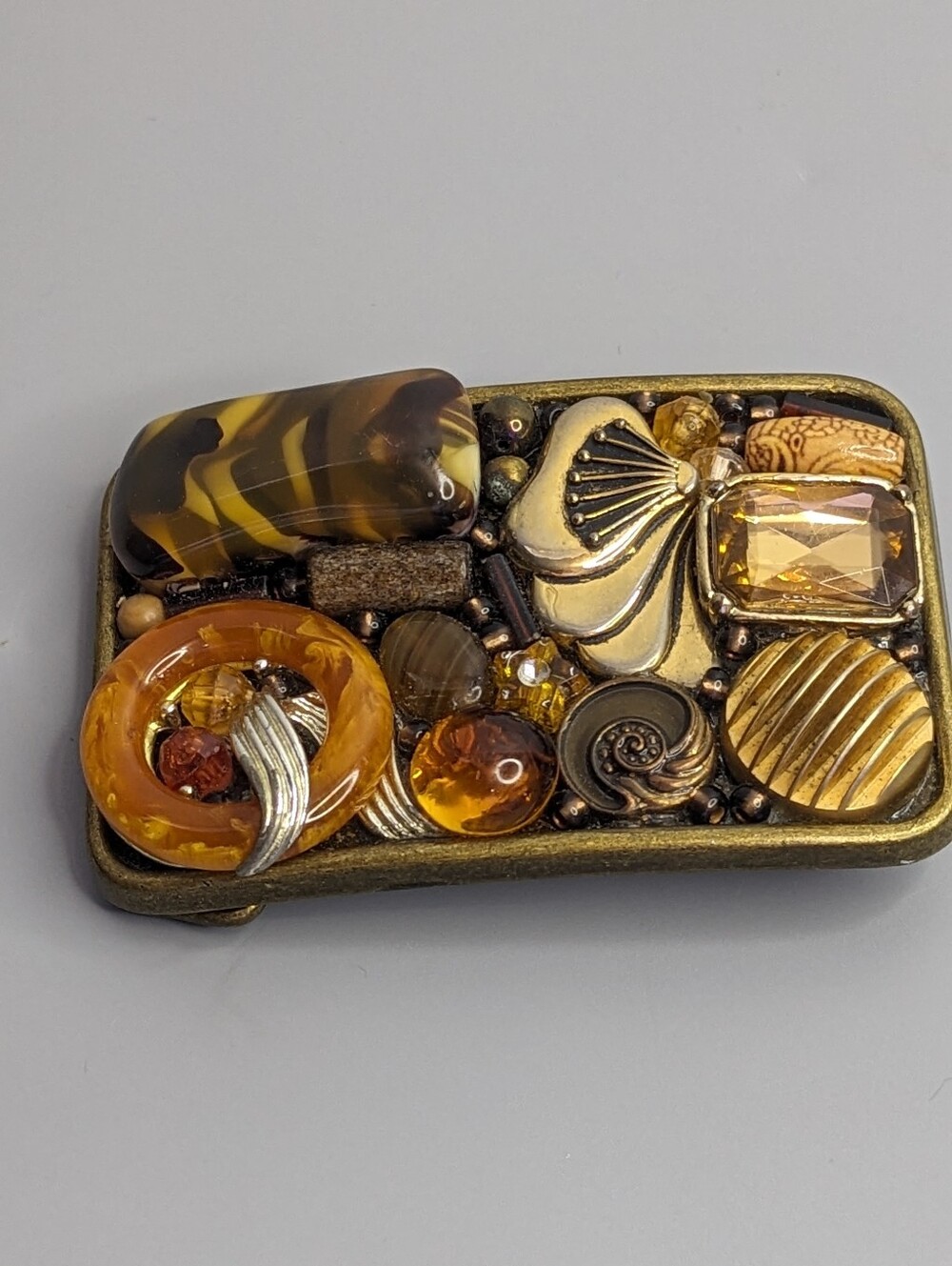 Artisan Mosaic Belt Buckle With Amber Tone Stones And Gold Accents Boho Western